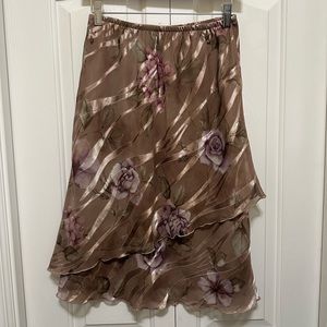 brown floral ruffle trim satin stripe skirt